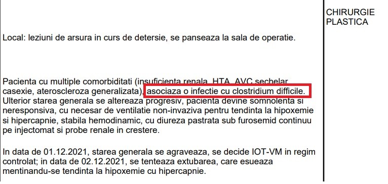 Extras din fișa pacientei infectate cu clostridium difficile, care a decedat după 20 de zile de spitalizare