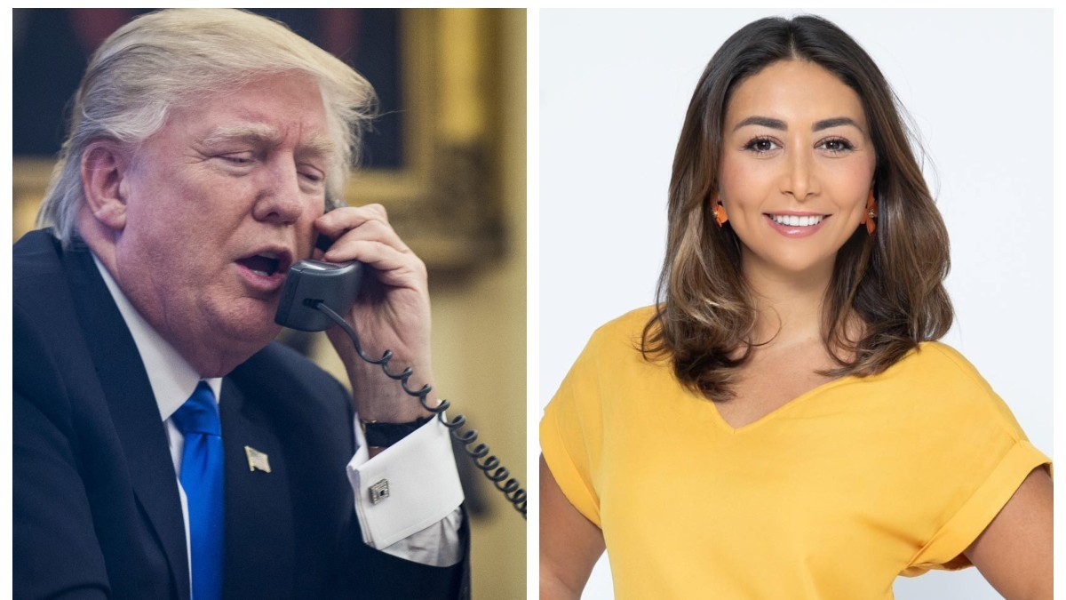 Combo realizat din 2 fotografii în care Donald Trump răspunde la telefon și bustul jurnalistei franceze Margot Haddad.