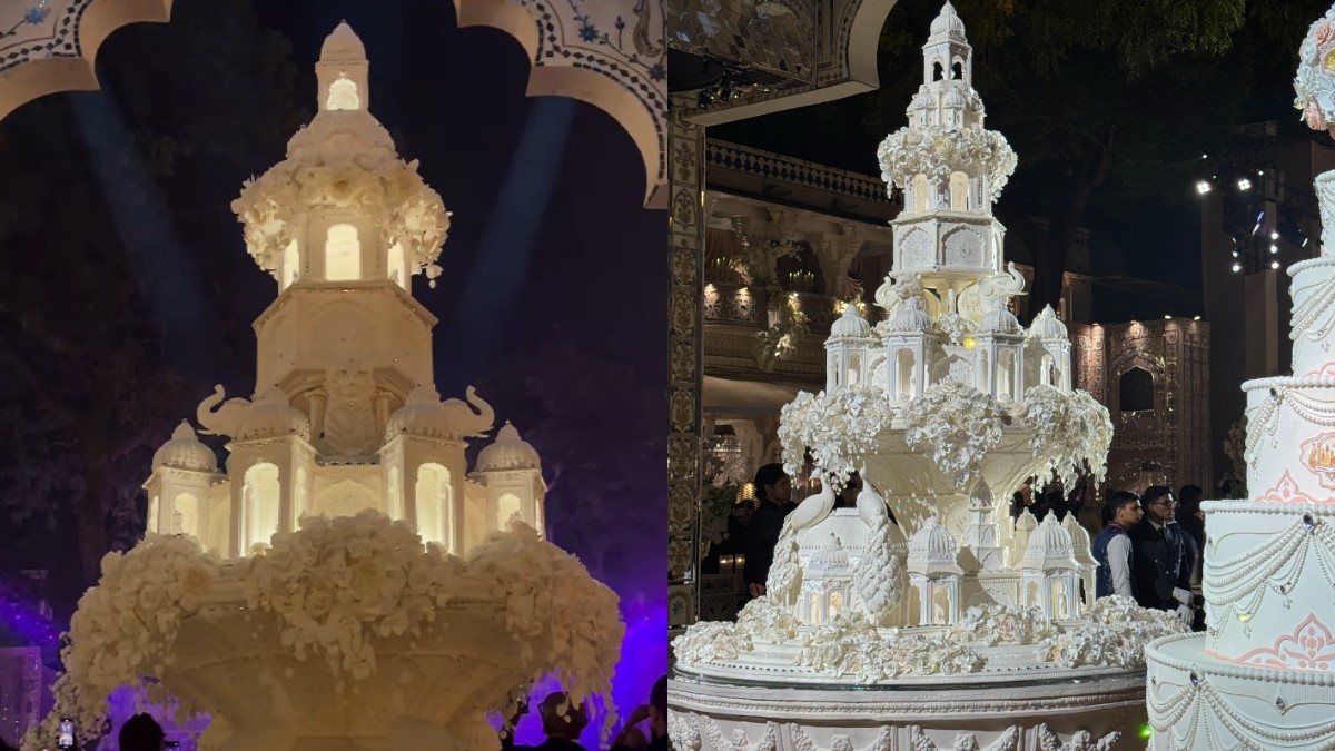 Colaj cu două fotografii în care apare un tort de nuntă în formă de castel cu opt etaje, alb cu pietre, decorat cu păuni, elefanți și tigrii din pastă de zahăr