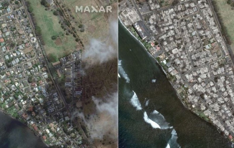 Înainte și după dezastru. Imagini din satelit cu urmările incendiilor din Hawaii, în care 80 de oameni au murit