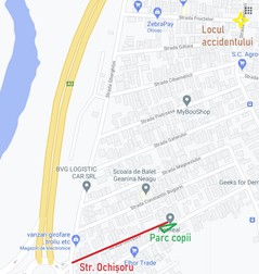 Hartă cu locul accidentului, strada Ochișoru și parcul de copii via Google Maps