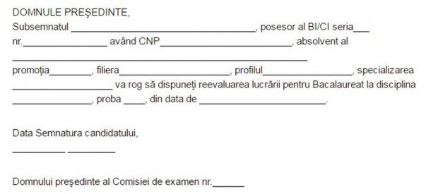 Exemplu de formular pentru contestații la BAC 2019