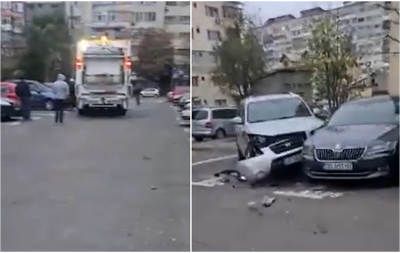 Șoferița de pe mașina de gunoi a lovit șapte autoturisme parcate pe o stradă din Târgoviște | VIDEO
