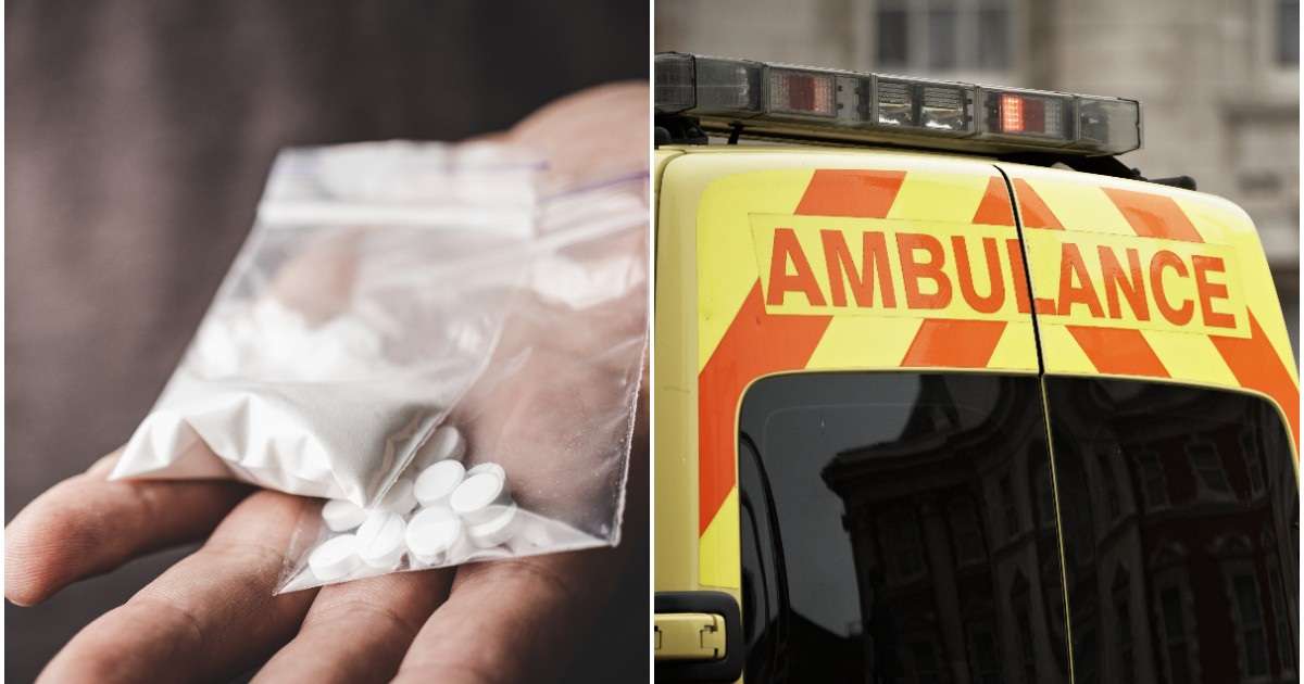 În imaginea din dreapta este ilustrat un om care ține pastile în mână, iar în partea dreaptă este o ambulanță galbenă cu roșu