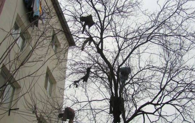 Un bărbat i-a aruncat hainele soției pe geam după o ceartă conjugală. Aceasta a chemat pompierii să-i adune rufele din pom