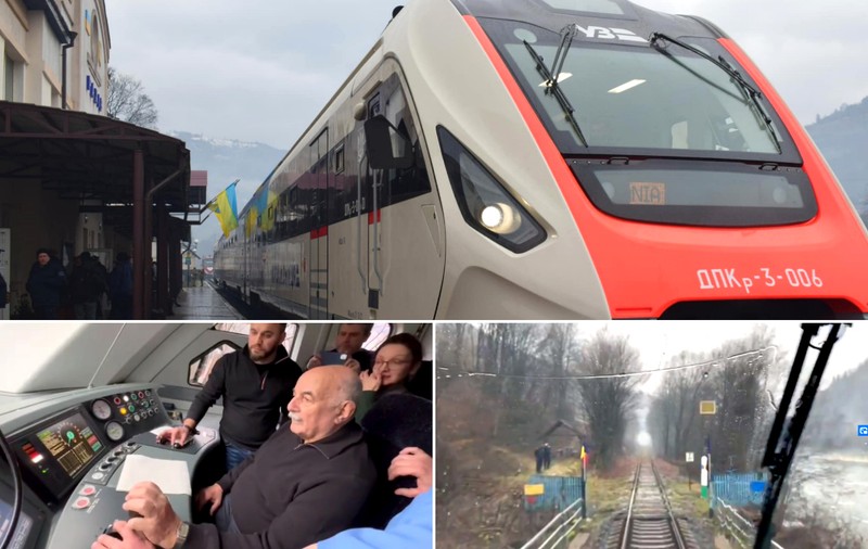 VIDEO. Linia de tren Ucraina-România din nordul Maramureșului, redeschisă cu un tren condus de primul ministru al transporturilor din țara vecină, ajuns la 81 de ani