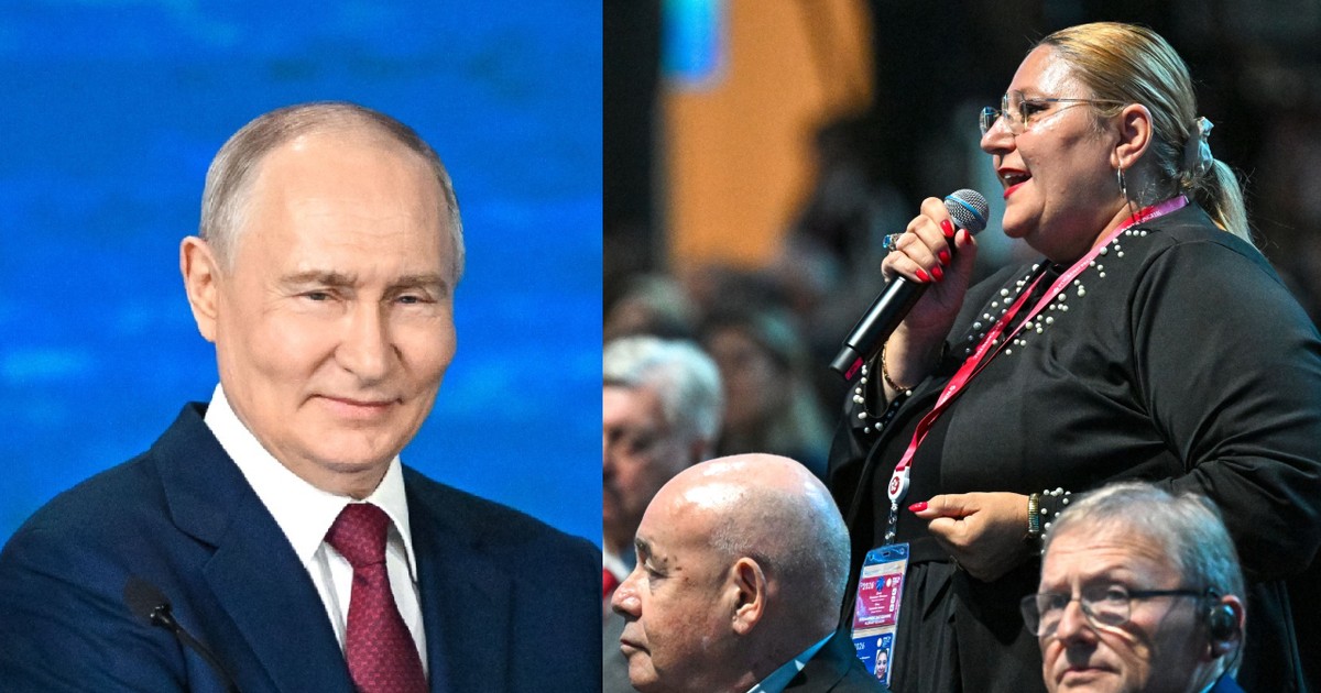 Colaj: Vladimir Putin, pe fundal albastru// Diana Sosoaca, deputată în Parlamentul European și lideră a partidului de dreapta SOS România, ia cuvântul în cadrul unei sesiuni plenare a Forumului Economic Internațional de la Sankt Petersburg,