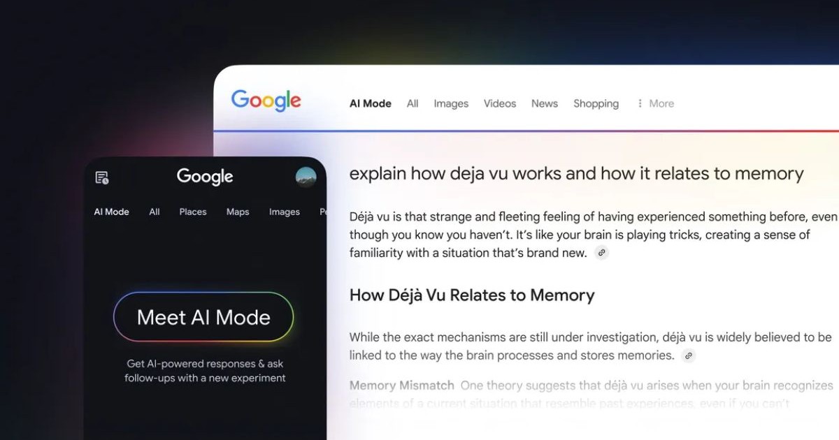 Două ferestre noi de căutrare din Google Search AI Mode, care exemplifică integrarea Inteligenței Artificiale în motorul de căutare.