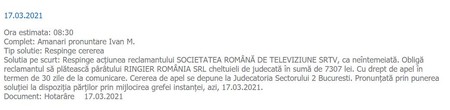 Soluția instanței, publicată azi pe portalul de justiție