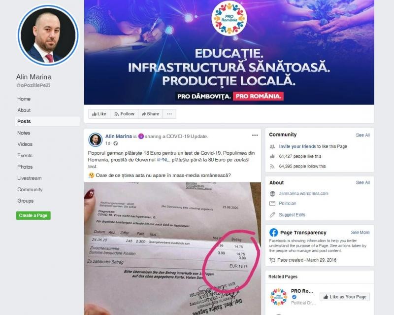 Postarea lui Alin Marina, de la Pro România