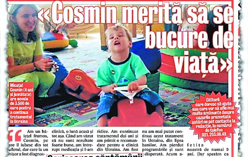 Mama lui Cosmin a strâns 3 500 € pentru tratament