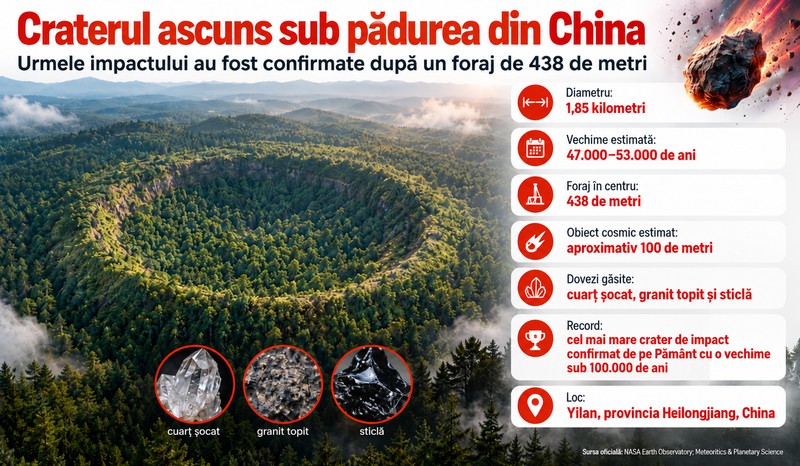 În 2021, cercetătorii au forat 438 de metri sub o pădure din China și au găsit craterul Yilan, de 1,85 km, care s-a format în urmă cu aproximativ 50.000 de ani. Imagine generată cu ajutorul Inteligenței Artificiale