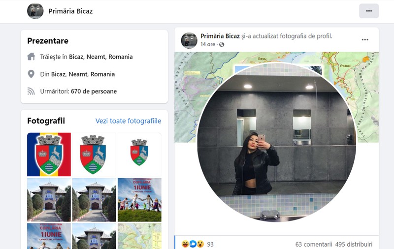 O tânără care-și face selfie într-o toaletă publică, noua poză de profil pe pagina Primăriei Bicaz