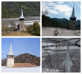 Cum a fost înecată biserica: din 2006 în 2009 a fost acoperită de steril la bază, apoi, în urmă cu 7 ani, rămăsese puțin din turlă. Acum nu se mai vede decât vârful | Fotografii: Museikon, Pinterest, Wikipedia, Libertatea