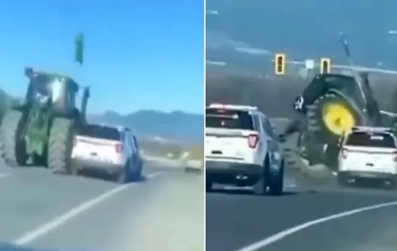 Momentul în care un tractor se răstoarnă pe o autostradă din Canada, după ce se lovește de una dintre mașinile de poliție plecate în urmărire | VIDEO