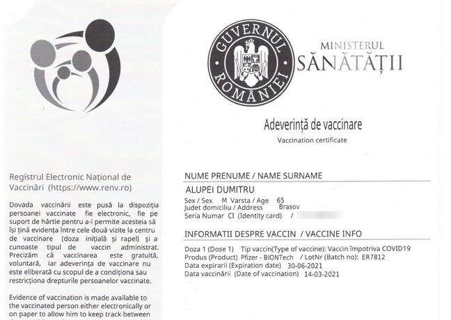 Adeverința de vaccinare după prima doză, cea cu serul Pfizer
