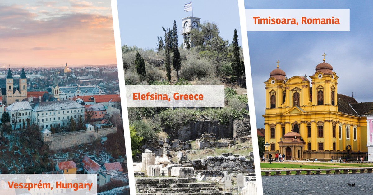Ce înseamnă că un oraş este capitală culturală europeană - Colaj de imagini din Veszprem, Elefsina şi Timişoara, oraşe care sunt capitale culturale europene în 2023