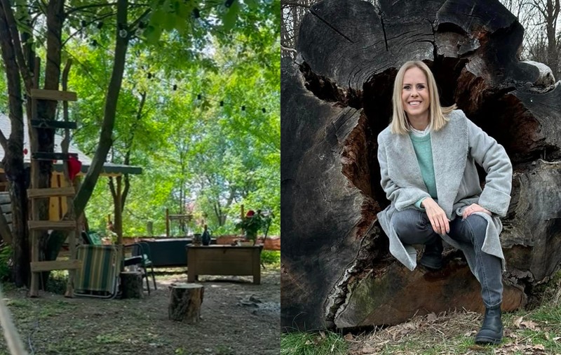 Cum arată cabana din pădure a Mihaelei Bilic după ce i-a pus acoperișul. Și-a amenajat și curtea, unde are hamac