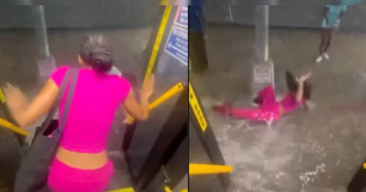 Colaj foto cu o femeie îmbrăcată în roz care este luată de viitură când coboară din autobuz, în New York, SUA, 22 mai 2026