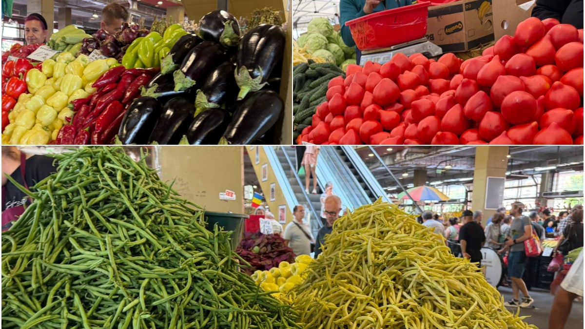 Imaginea surprinde tarabe din Piața Obor încărcate cu legume proaspete de sezon, printre care se remarcă roșiile, vinetele, ardeii și cantități mari de fasole fideluță verde și galbenă. Atmosfera este animată, cu numeroși cumpărători și comercianți, ceea ce evidențiază aglomerația specifică uneia dintre cele mai cunoscute piețe agroalimentare din București.