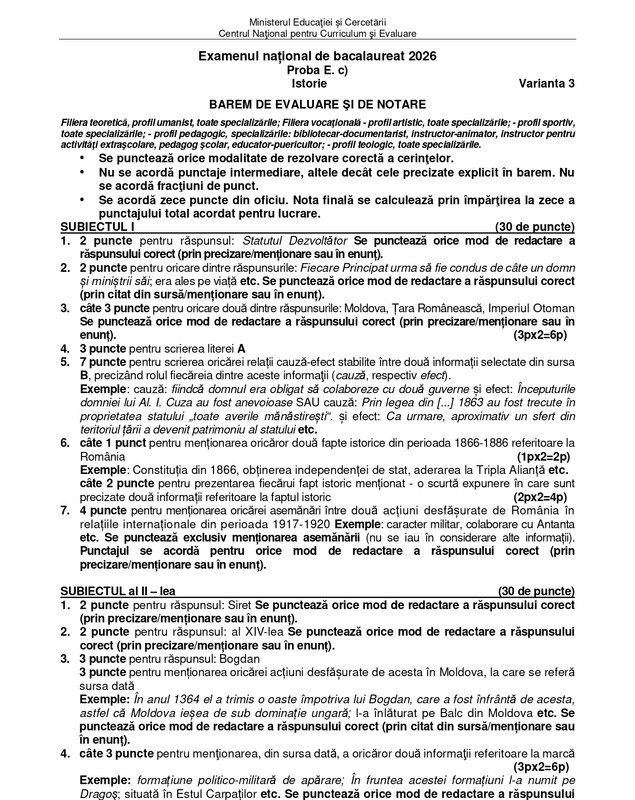 Baremul de corectare la BAC Istorie 2026