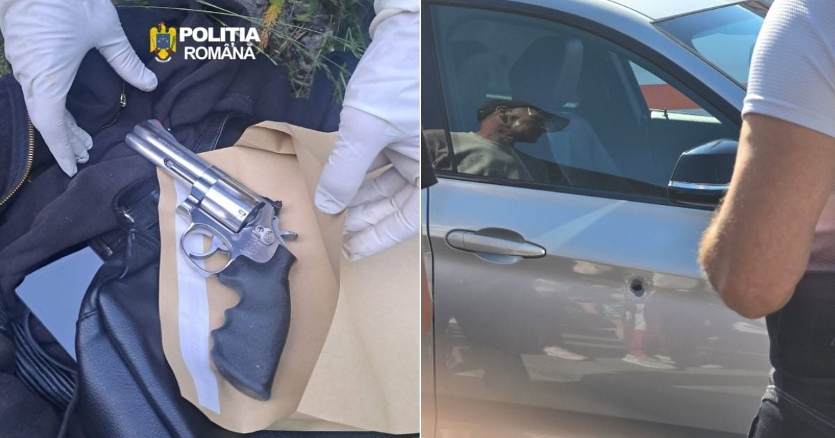 Colaj foto cu pistolul folosit de suspect în atacul din Lupeni, în stânga, și mașina de culoare gri în care a tras cu pistolul, cu o urmă în portieră prin care a trecut glonțul
