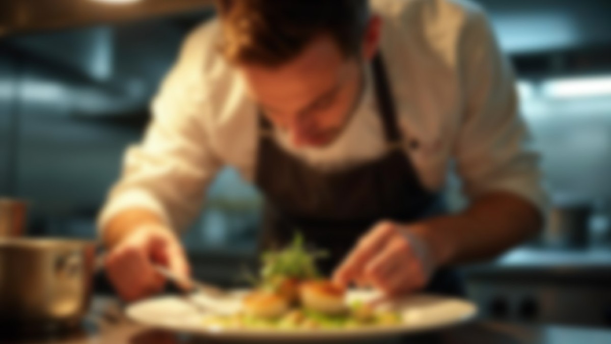 O imagine încețoșată a unui bucătar care prepară cu atenție un fel de mâncare fin cu ingrediente proaspete într-o bucătărie de lux a restaurantului
