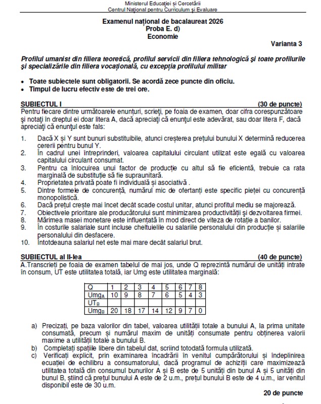 Subiecte Economie la Bac 2026. Baremul de corectare a fost publicat