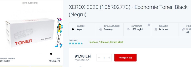 91,98 de lei este prețul tonerului pentru imprimante pe un site