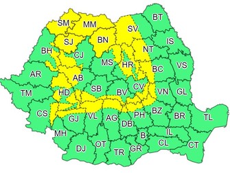 Harta zonelor aflate sub atenționare meteo de cod galben, pe 24 decembrie | Foto: meteoromania.ro