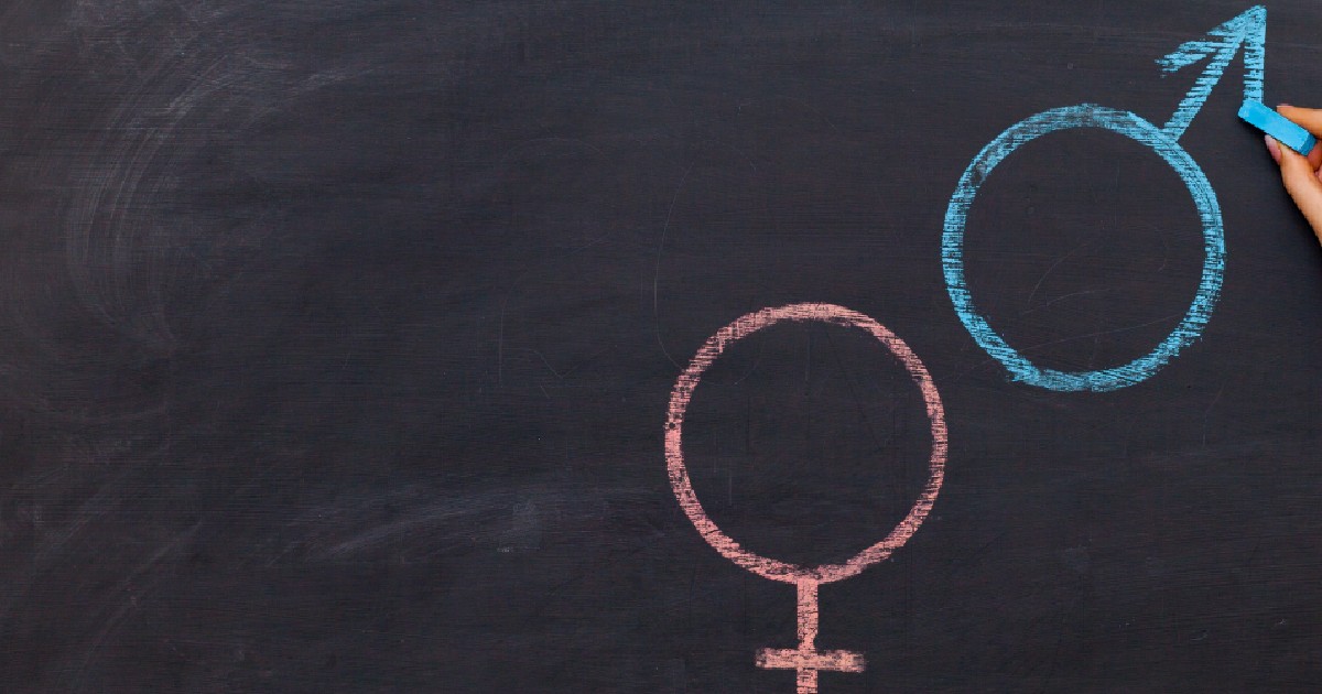 Simboluri sau semne de gen pentru sexul masculin și feminin desenate pe o tablă.