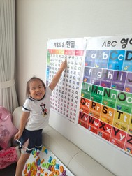 Ca să învețe în paralel atât coreeana, cât și limba română, micuța Evelina-Ajin se folosește de ambele alfabete, pe care mama ei, Teodora, i le-a lipit pe un perete al sufrageriei locuinței. Foto: arhiva personală