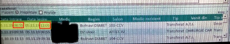 Într-un alt caz documentat, transferul a avut loc pe secția de chirurgie cardiovasculată la ora 8:55, iar decesul a survenit după 4 ore și 10 minute, la 12:05