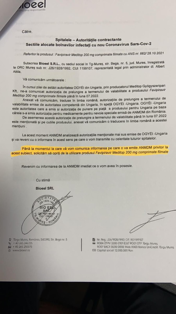 Scrisoarea adresată spitalelor de importatorul antiviralelor din Ungaria