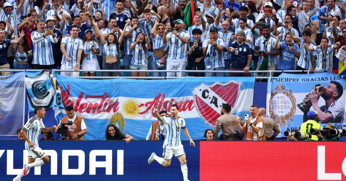 MIAMI GARDENS, FLORIDA - JULY 03: Lionel Messi #10 of Argentina celebrates scoring his team's first goal during the FIFA World Cup 2026 Round of 32 match between Argentina and Cabo Verde at Miami Stadium on July 03, 2026 in Miami Gardens, Florida. (Photo by Robert Cianflone/Getty Images)