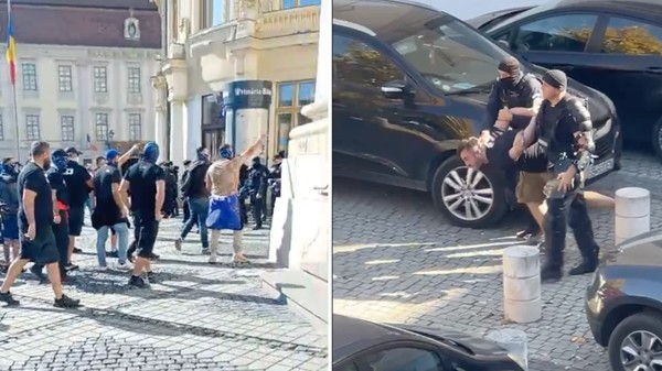 Bătăi între suporterii echipelor Poli Timișoara și Steaua București în centrul istoric din Sibiu. Foto: turnulsfatului.ro