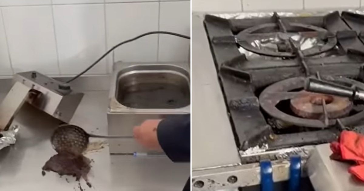 colaj foto format din două fotografii: stânga, Cristian Popescu Piedone varsă cu o sumieră particule negre dintr-o vană cu ulei de gătit murdar, dreapta - aragaz murdar și ruginit