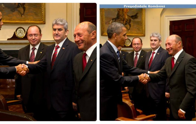 Gabriel Oprea, photoshop pe pagina de Facebook; A modificat o poză în care Obama dădea mâna cu Băsescu, pentru a părea că președintele SUA îl salută pe el