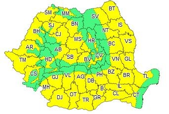 Harta zonelor aflate sub avertizare cod galben de caniculă