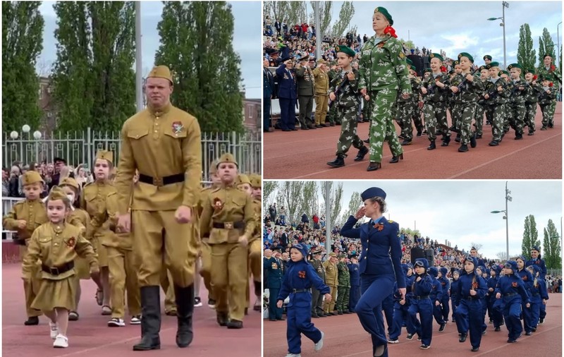 Paradă militară a grădinițelor, pe un stadion dintr-un oraș rusesc din apropierea Ucrainei, pe coasta Mării Azov