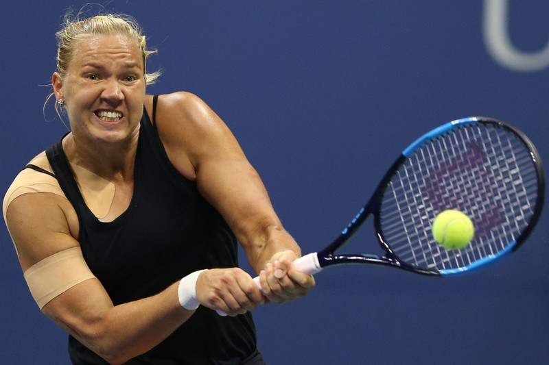 NEW YORK, USA - SEPTEMBER 6: Kaia Kanepi of Estonia competes against Madison Keys of the United States (not seen) during Women's Singles Quarter Finals tennis match within the 2017 US Open Tennis Championships at Arthur Ashe Stadium in New York, United States on September 6, 2017. Mohammed Elshamy / Anadolu Agency