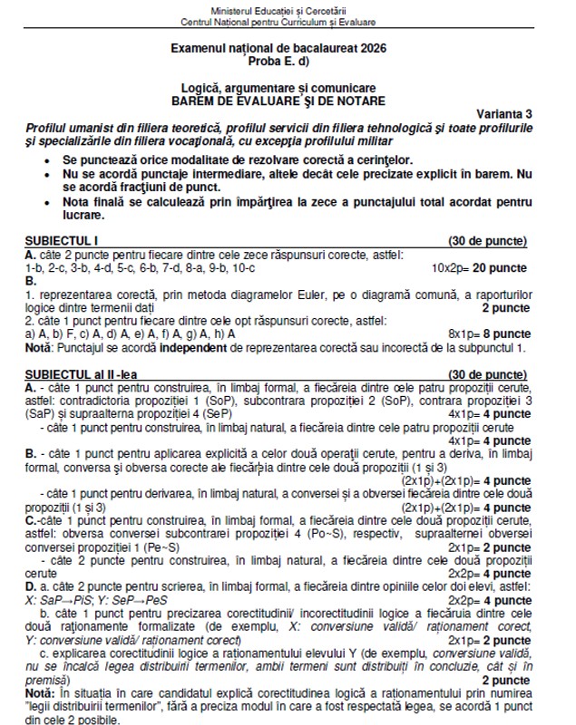 Subiecte Logică la Bac 2026. Baremul de corectare a fost publicat