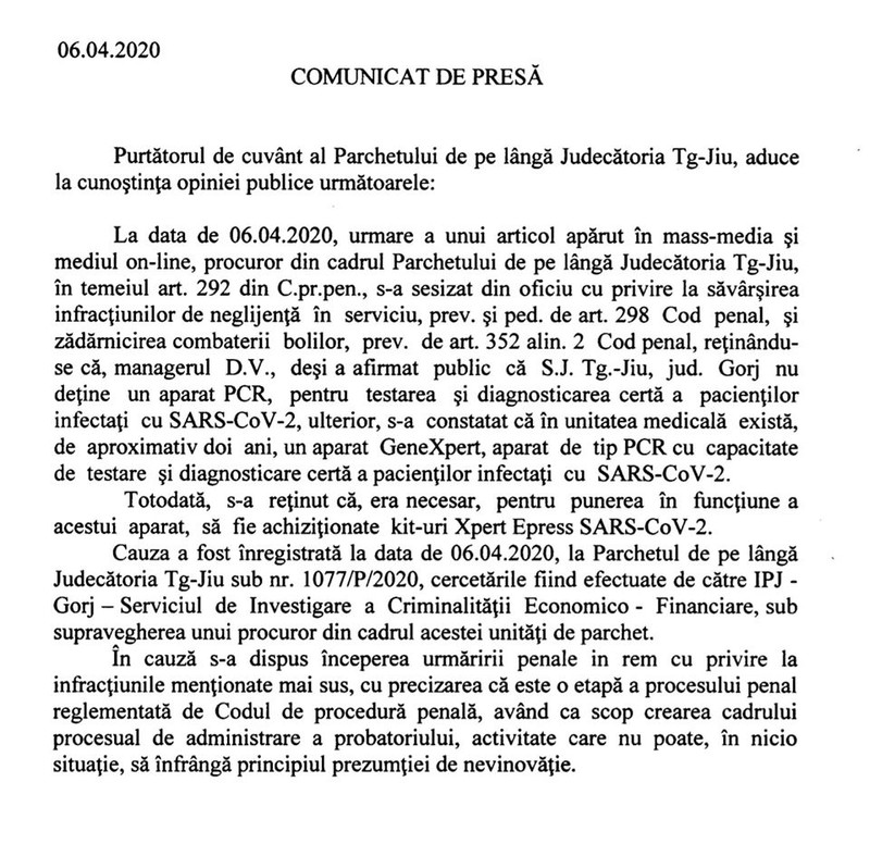 Comunicatul integral al Parchetului de pe lângă Tribunalul Tg-Jiu