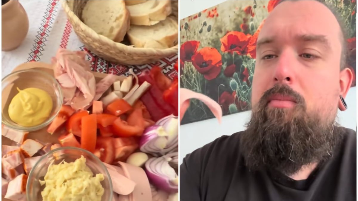 În partea stângă sunt roșii, ceapă roșie, salată de vinete, parizer, muștar. În partea dreaptă este un bărbat îmbrăcat în tricou negru