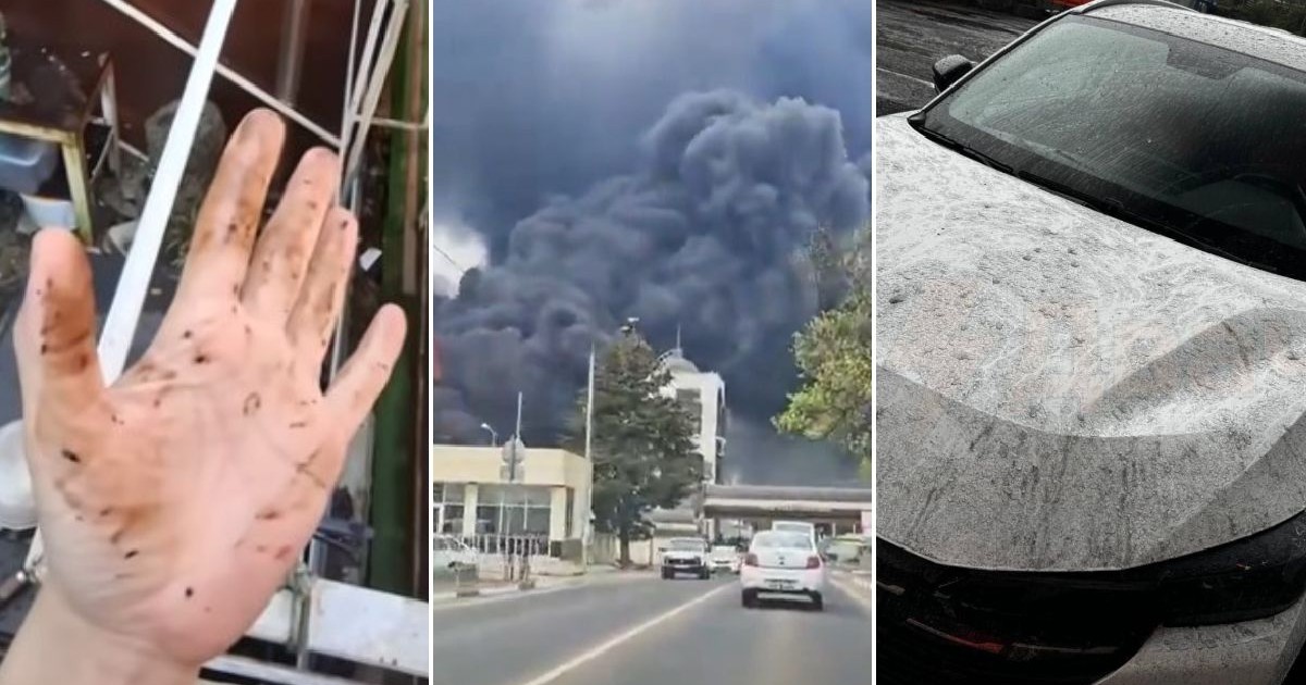 Imaginea prezintă un colaj din trei fotografii: o mână pe care sunt urme de murdărie, un fum mare gros și o mașină murdară
