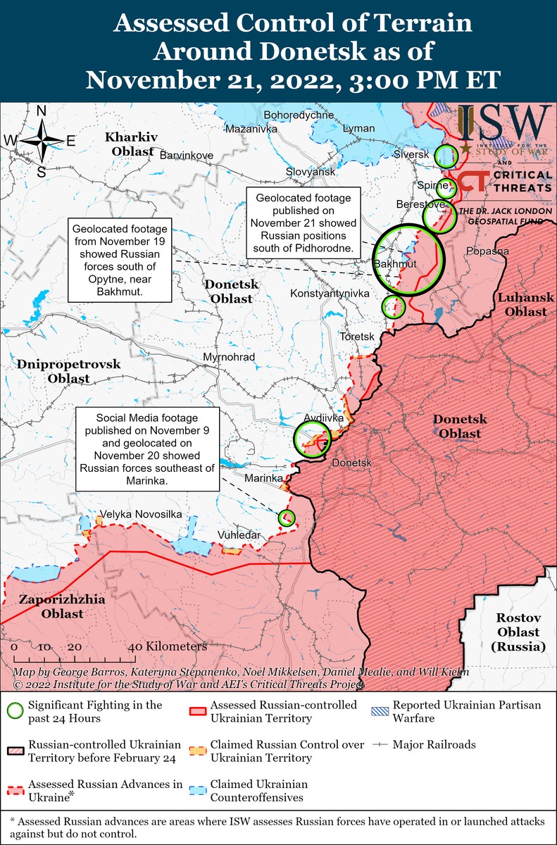 Situația în zona Donețk: cu roșu, teritoriul controlat de Rusia, cu albastru, teritoriul recapturat de Ucraina. Sursa: ISW