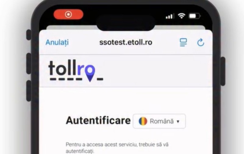 Imaginea prezintă ecranul de autentificare al aplicației mobile TollRo, utilizată pentru serviciile de taxare rutieră din România. Interfața include logoul oficial, buton de selectare pentru limba română și mesajul de introducere a datelor de conectare.
