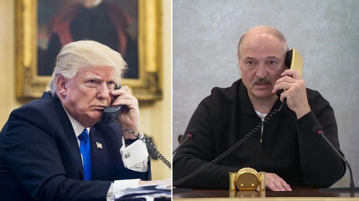 colaj foto format din două fotografii: fotografia din stanga îl arată pe donald trump, îmbrăcat într-un sacou negru, o cămașă albă și o cravată albastră, văzut din profil în timp ce vorbește la un telefon fix în biroul oval iar fotografia din dreapta îl arată pe Aleksandr Lukașenko, îmbrcăcat într-un hanorac negru, vorbind la un telefon fix în biroul de criză al belarusului