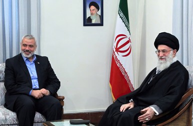 File photo - File picture, dated on June 22, 2023, of Hamas leader Ismail Haniyeh met with Iran’s Supreme Leader Ayatollah Ali Khamenei in Tehran. Iran. Hamas leader Ismail Haniyeh was killed in Iran's Tehran, the Palestinian militant group Hamas said in a statement on Wednesday. In a statement, the Islamist faction mourned the death of Haniyeh, who it said was killed in "a treacherous Zionist raid on his residence in Tehran".,Image: 894422687, License: Rights-managed, Restrictions: , Model Release: no