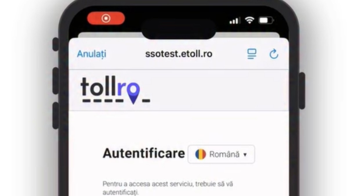 Imaginea prezintă ecranul de autentificare al aplicației mobile TollRo, utilizată pentru serviciile de taxare rutieră din România. Interfața include logoul oficial, buton de selectare pentru limba română și mesajul de introducere a datelor de conectare.